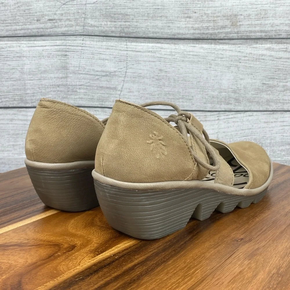Fly London Poma Tan Nubuck Leather Lace Up Wedges Women’s Shoe Size 8.5 EU 39